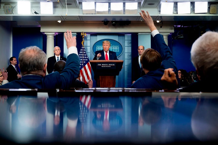 President Donald Trump at his daily coronavirus briefing at the White House on April 9.