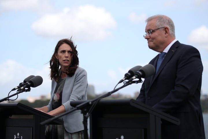 New Zealand Prime Minister Jacinda Ardern and Australian Prime Minister Scott Morrison hold a joint press conference at Admiralty House in Sydney, Australia, February 28, 2020. REUTERS/Loren Elliott