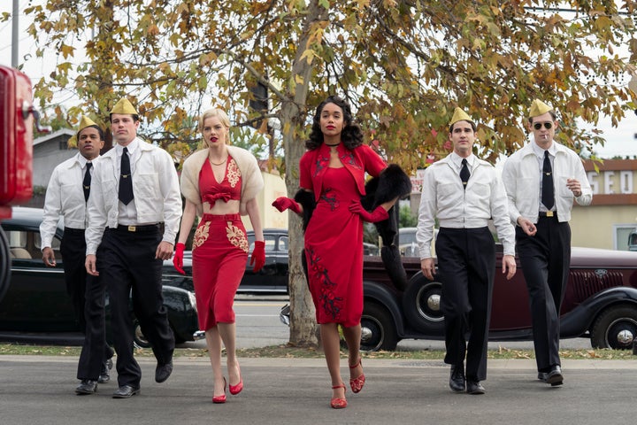 "Hollywood" stars (from left) Jeremy Pope, Picking, Samara Weaving, Laura Harrier, Darren Criss and David Corenswet.