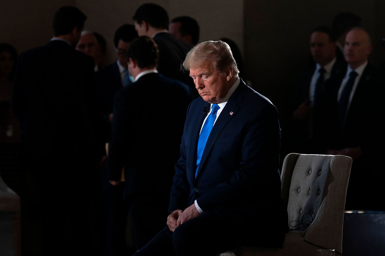 US President Donald Trump during a commercial break of a Fox News virtual town hall "America Together: Returning to Work," event.