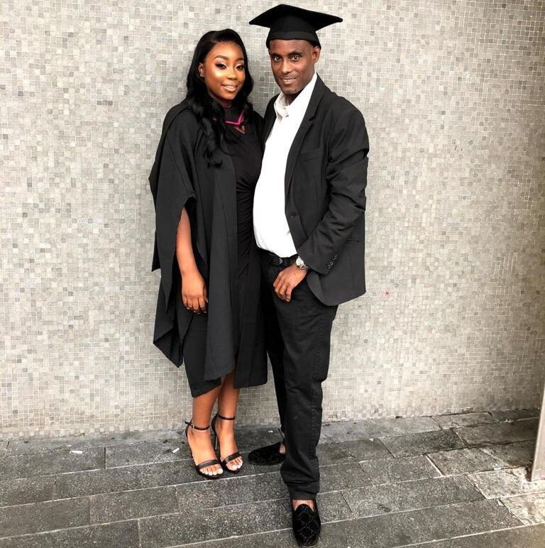 Jay McGregor with her father at her graduation.