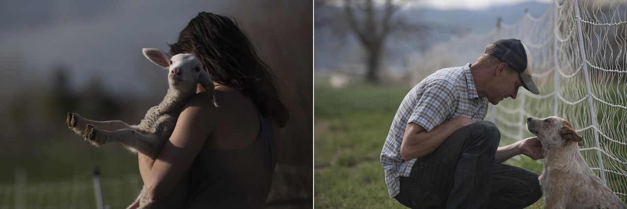 Left: A lamb sits in the arms of Chloe Johnson on May 1 at SkyPilot Farm in Longmont, Colorado. Right: Craig Scariot with his Australian cattle dog, one of several dogs on the farm.