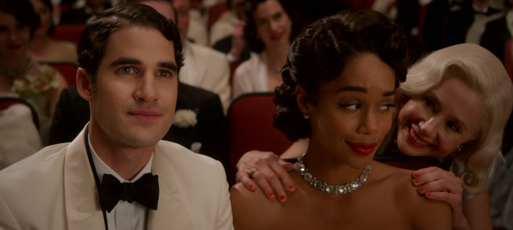 Darren Criss (as Raymond Ainsley), Laura Harrier (as Camille Washington) and Mira Sorvino in "Hollywood."