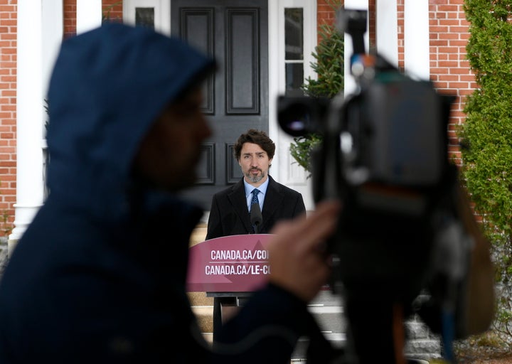 Prime Minister Justin Trudeau speaks during his daily news conference on the COVID-19 pandemic outside his residence at Rideau Cottage in Ottawa on May 4, 2020.