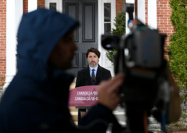 Prime Minister Justin Trudeau speaks during his daily news conference on the COVID-19 pandemic outside...