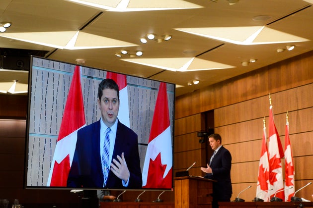 Conservative leader Andrew Scheer holds a press conference on Parliament Hill during the COVID-19 pandemic...
