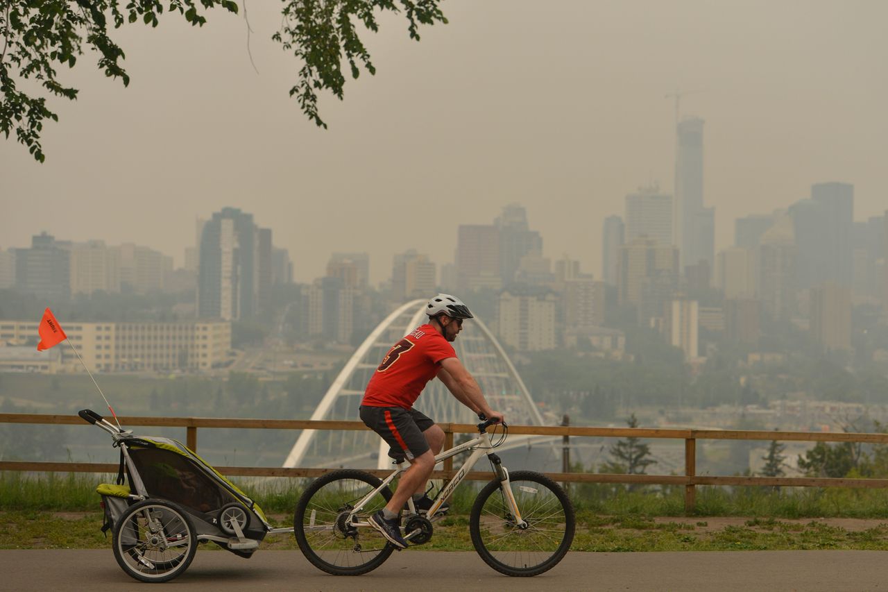 A view of Edmonton's city centre on August 22, 2018, as smoke from the B.C. wildfires makes its way into the province.