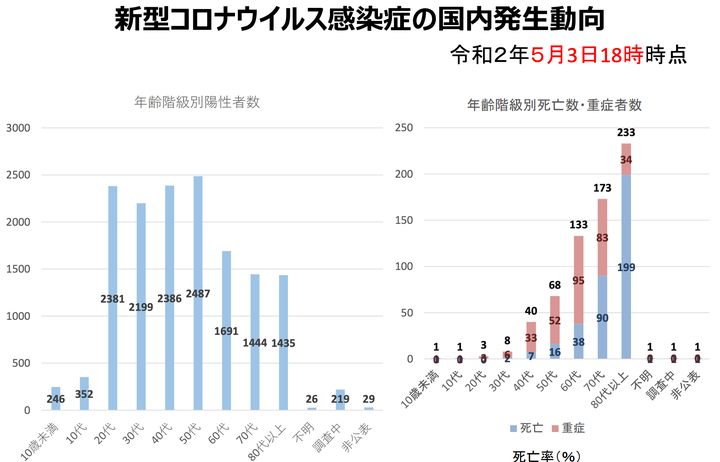 国内の新型コロナウイルスの死者数・重症者数の内訳（年代別）