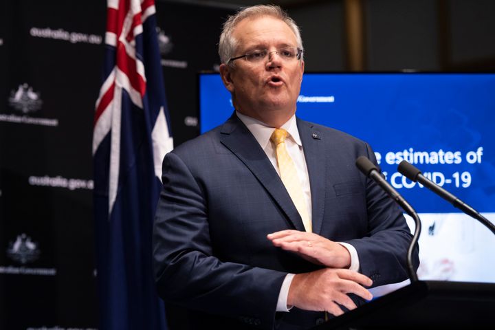 Australian Prime Minister Scott Morrison speaks at a press conference following National Cabinet at Parliament House on May 05, 2020 in Canberra, Australia. 
