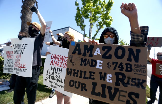 Amazon workers protest during the coronavirus pandemic on May 01, 2020 in Hawthorne, Calif. A Canadian...