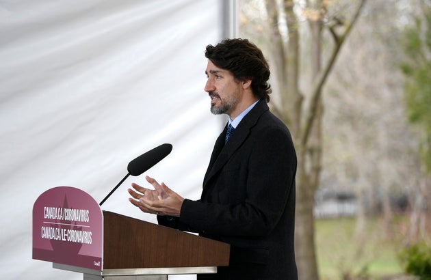 Prime Minister Justin Trudeau speaks during his daily news conference on the COVID-19 pandemic outside...