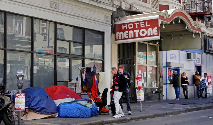 Well into April, people slept in tents and sleeping bags in the Tenderloin area of San Francisco.&nbsp;