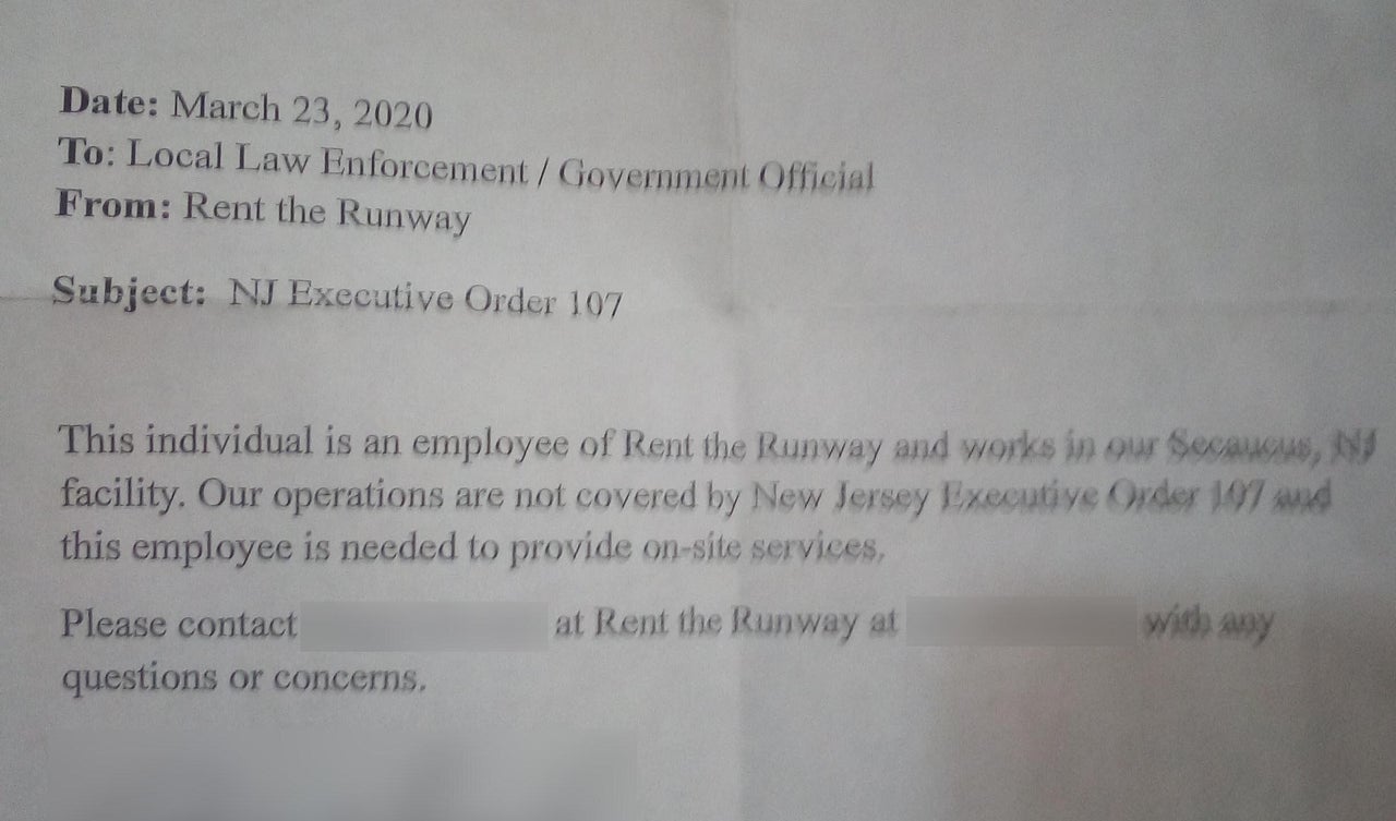 Rent the Runway has equipped certain warehouse employees with letters stating that they are essential workers.
