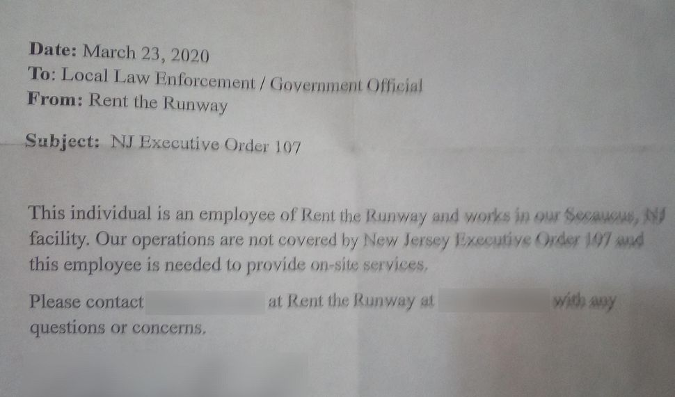 Rent the Runway has equipped certain warehouse employees with letters stating that they are essential workers.