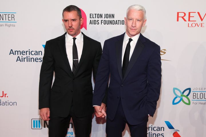 Benjamin Maisani, left, and Anderson Cooper, right, attend the Elton John AIDS Foundation’s 14th Annual "An Enduring Vision" Benefit at Cipriani Wall Street on Monday, Nov. 2, 2015, in New York. (Photo by Andy Kropa/Invision/AP)