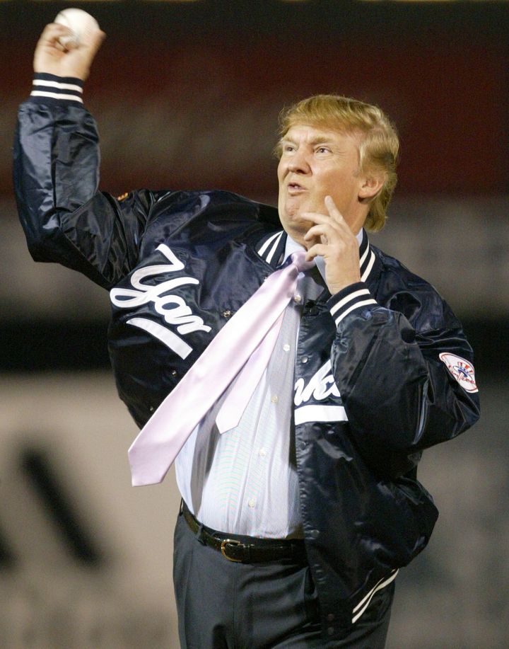 Donald Trump throws out the first pitch before the New York Yankees faced the Houston Astros in 2004.