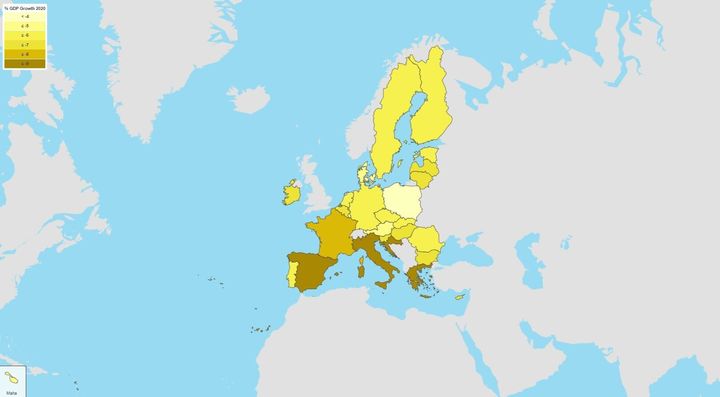 Ο ευρωπαϊκός «χάρτης της ύφεσης» που έδωσε στη δημοσιότητα η Ευρωπαϊκή Επιτροπή στις 6 Μαϊου 2020. Όσο πιο σκούρο το κίτρινο, τόσο υψηλότερο το ποσοστό της ύφεσης, στις προβλέψεις.