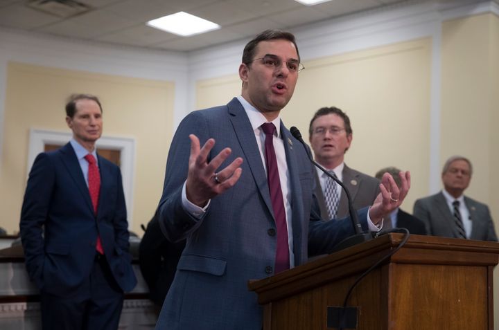 Rep. Justin Amash, then a Republican, hosting a news conference with a bipartisan group of House and Senate lawmakers in January 2018. 