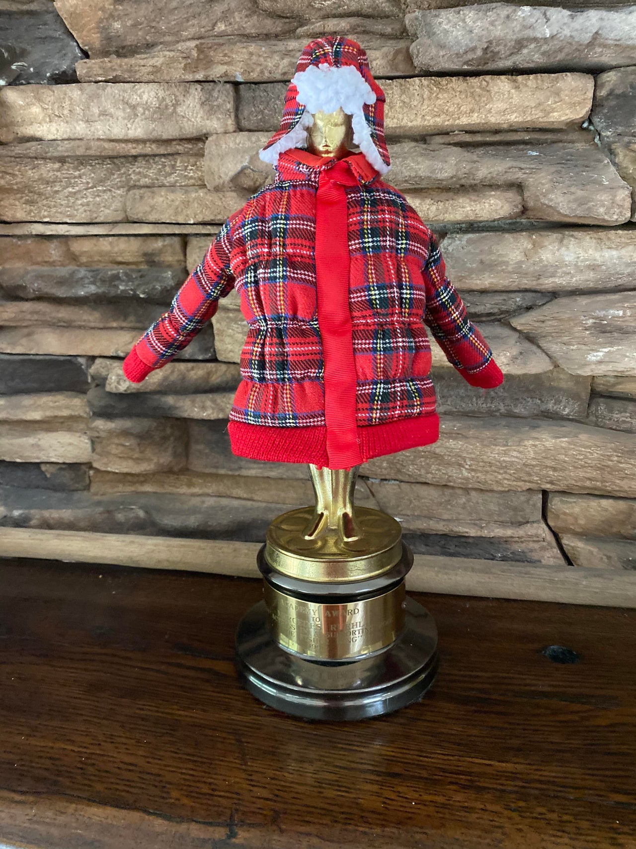 Mercedes Ruehl's Oscar in its "winter wardrobe."