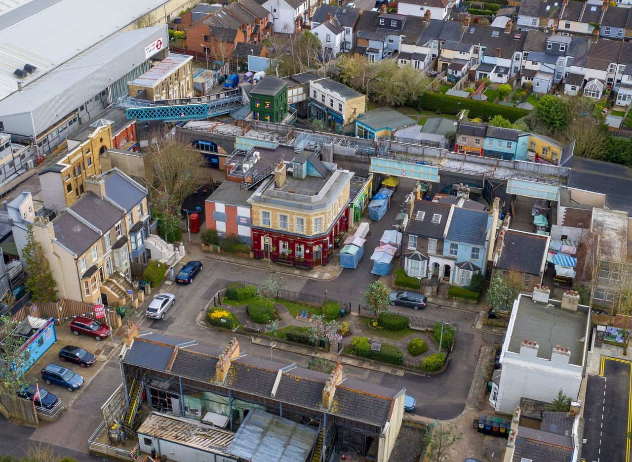 An aerial view of the now closed EastEnders set at the BBC's Elstree studios in Hertfordshire. All production at the studios has stopped during the Coronavirus outbreak.