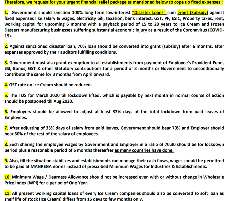 Some demands mentioned by IICMA President and Vadilal Industries Managing Director Rajesh R Gandhi in his letter to Finance Minister Nirmala Sitharaman on April 30.