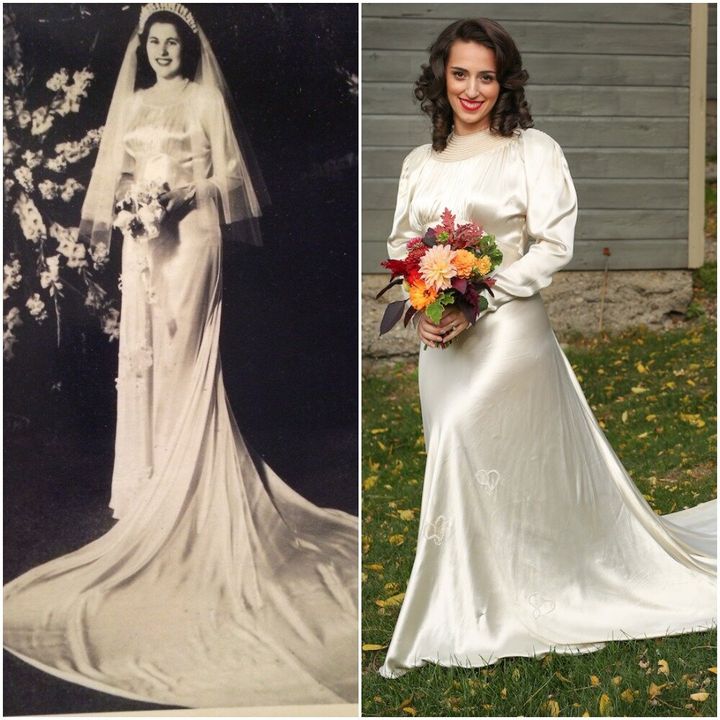 Grandma Cookie wore the dress in 1947 (left) and her granddaughter Olivia wore it again in 2016 (right). 