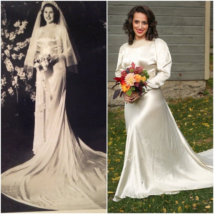 Grandma Cookie wore the dress in 1947 (left) and her granddaughter Olivia wore it again in 2016 (right). 