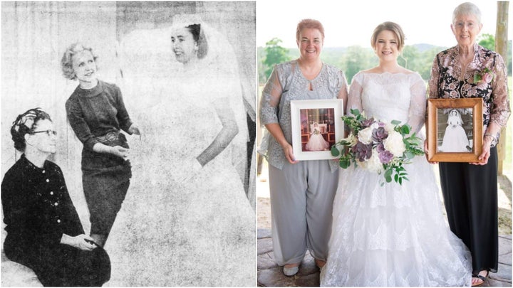 Helen was the first one to wear the dress in 1961 (left), followed by her daughter Donna in 1986 and finally Emily in 2019. In the photo on the right, Helen and Donna hold framed pictures of themselves in the dress on Emily's wedding day.