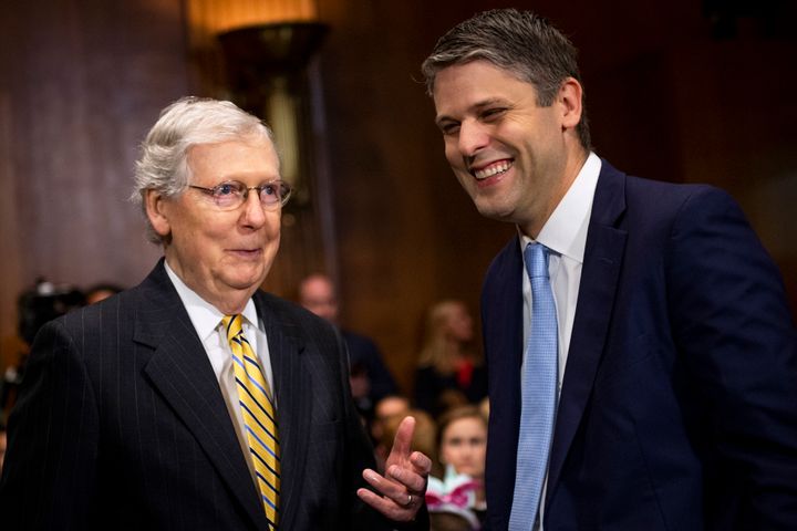 Senate Majority Leader Mitch McConnell (R.-Ky.) with Justin Walker before a Senate Judiciary Committee hearing on Walker's nomination for U.S. district judge for the Western District of Kentucky on July 31, 2019.