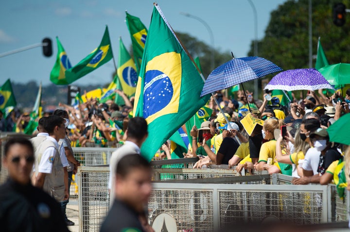 Brazilian President Jair Bolsonaro participates in a protest against the National Congress and the Supreme Court amidst the coronavirus pandemic at the Planalto Palace, May 3, in Brasilia.