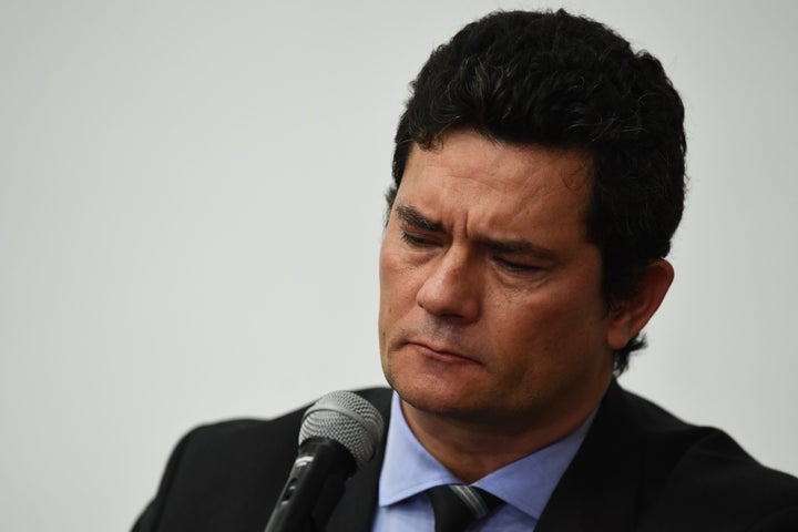 Brazilian Justice Minister Sergio Moro speaks at a press conference where he abruptly resigned his post on April 24. 