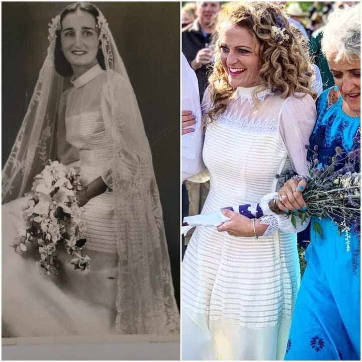 Dilys Ann on her wedding day in 1949 (left) and her granddaughter Augusta on her wedding day in 2019 (right).