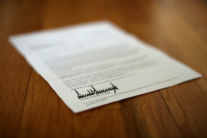 A letter bearing the signature of President Donald Trump to people who received a coronavirus economic stimulus payment.