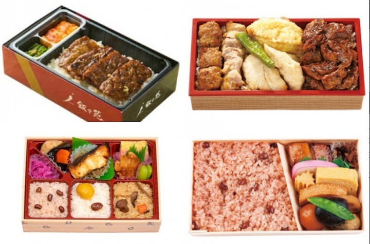 叙々苑「カルビ弁当」（左上）、茅場町鳥徳「鳥モダン弁当」（右上）、日本橋弁松総本店「赤詰（赤飯）」（右下）、おこわ米八「新緑幕の内弁当」（左下）