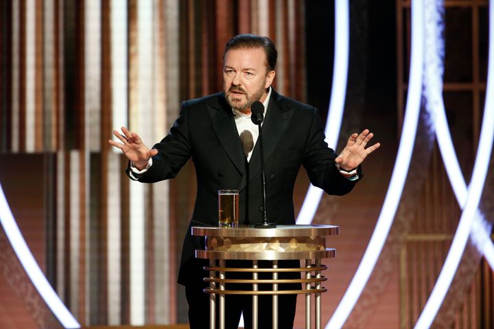Ricky Gervais on stage at the Golden Globes