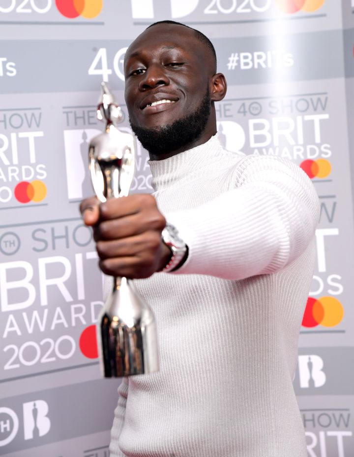 Stormzy with the Brit Award for best British male in the press room at the Brit Awards 2020 held at the O2 Arena, London.
