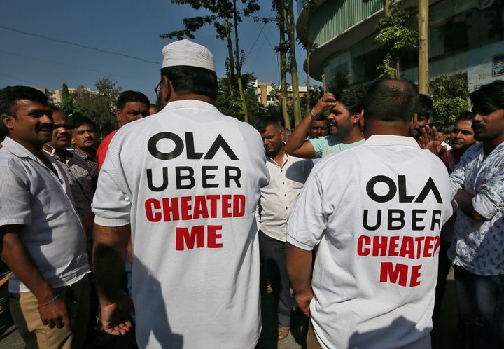 File Photo: Drivers wear shirts with messages during a protest against Ola and Uber in Mumbai, October 29, 2018.