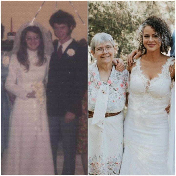 Robbin wearing the dress at her 1974 wedding (left) and her daughter Christina wearing the updated dress in 2019 (right).