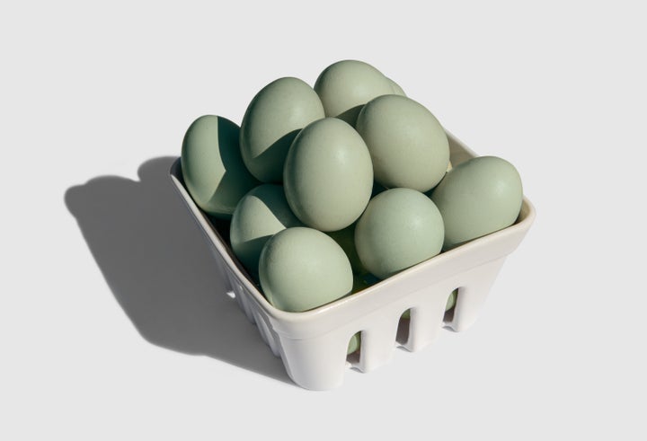 Eggs from Araucana chickens range from greens to blues.