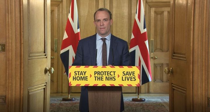 Dominic Raab during today's media briefing in Downing Street.
