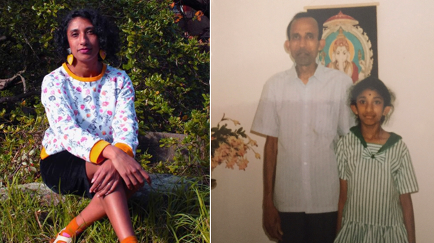 Vyshnavee Wijekumar now (L) and with her dad (R) 