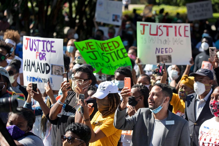 Demonstrators in Brunswick, Georgia, gather Friday to protest the shooting of Ahmaud Arbery, an unarmed Black man killed whil