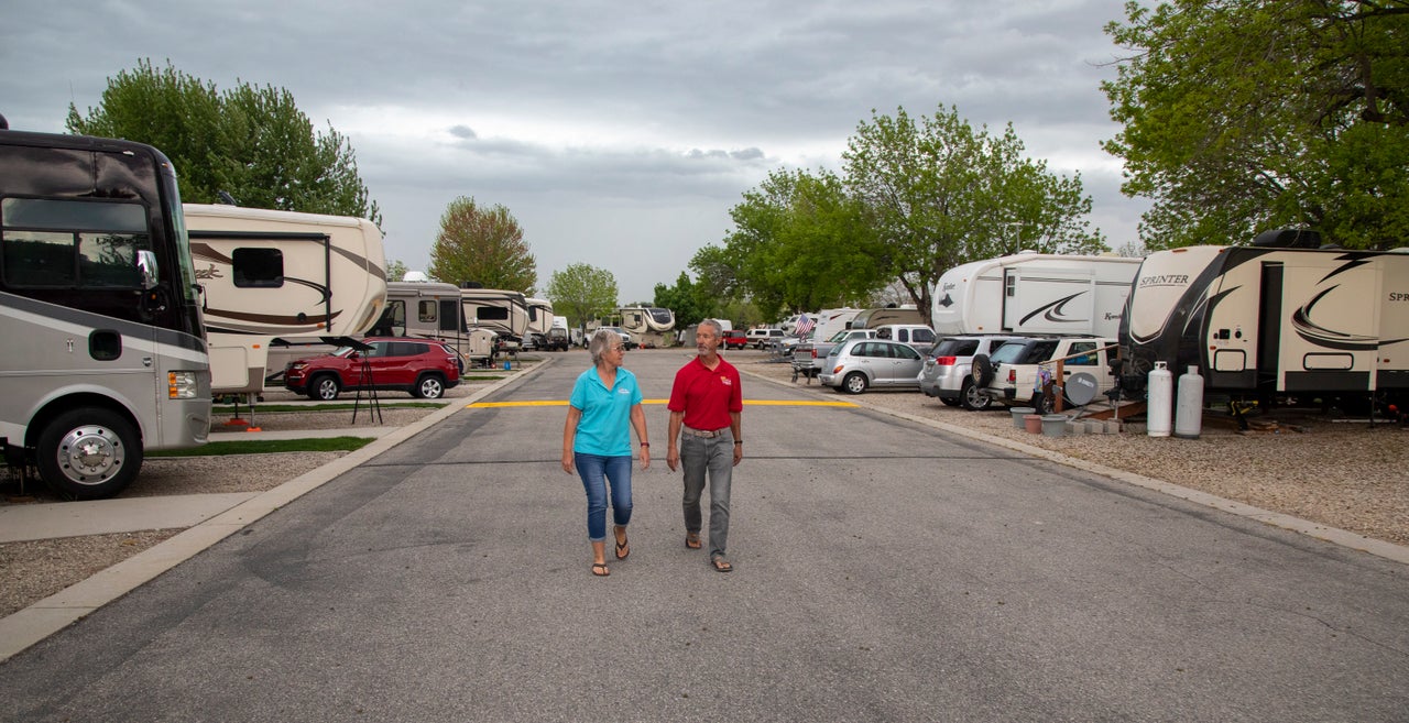 Jean and Duane Mathes take a walk through the Hi Valley RV Park in Eagle, Idaho.