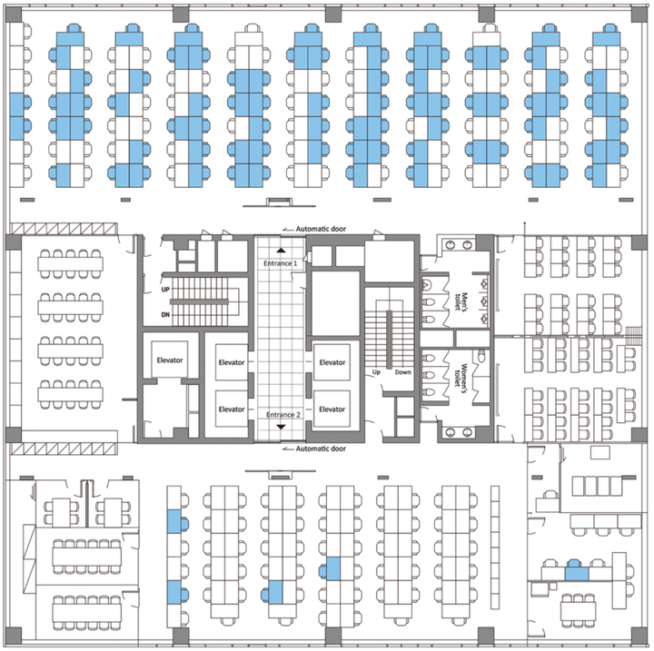 The blue coloring indicates where people with confirmed coronaviruses cases sat in this call center in South Korea.