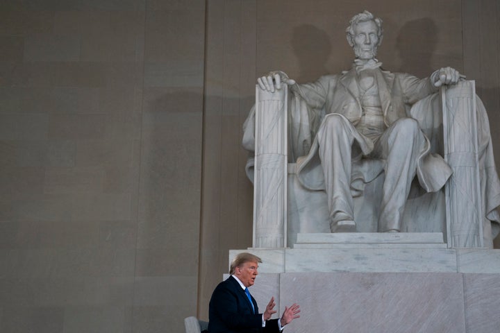 President Donald Trump speaks during a Fox News virtual town hall at the Lincoln Memorial on May 3.