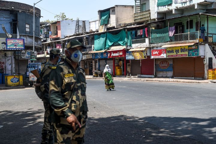 Security personnel from the Border Security Force (BSF) patrol during the lockdown in Ahmedabad on May 9, 2020.