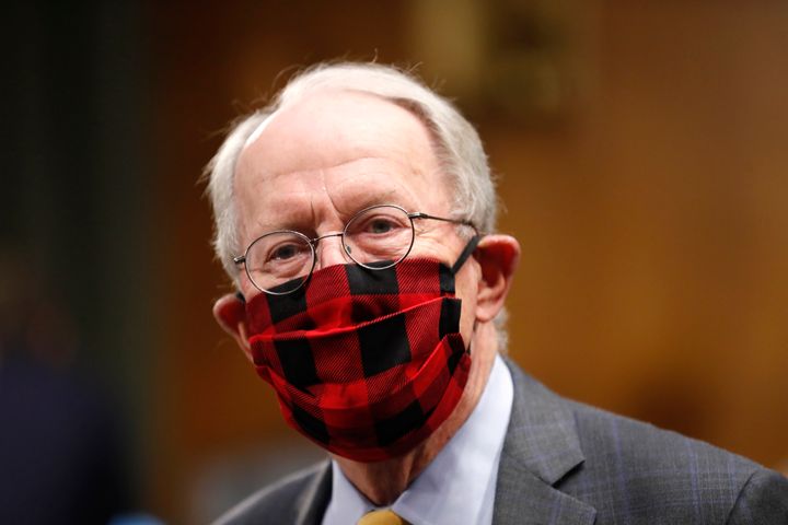 Sen. Lamar Alexander, R-Tenn., wears a plaid face mask before a Senate Health, Education, Labor and Pensions Committee hearing on new coronavirus tests on May 7, 2020. 