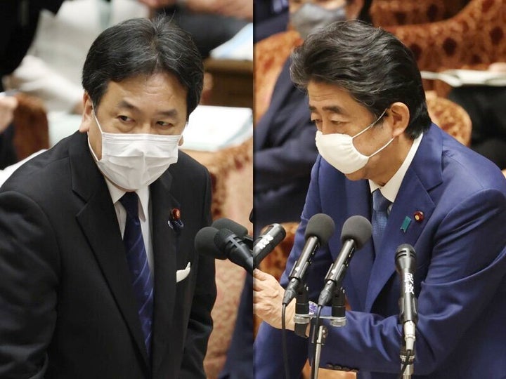 枝野幸男氏(左)と安倍首相(右)