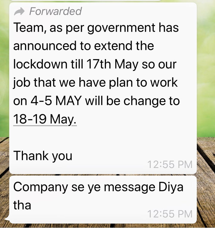 Screenshot shared by a worker from West Bengal of a message sent to him by his contractor after the Modi government extended the lockdown until May 17.