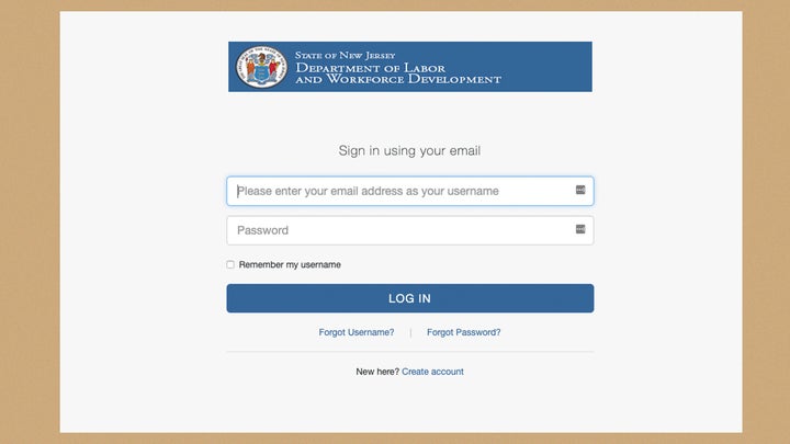 A screenshot of the login page for New Jersey's unemployment website.